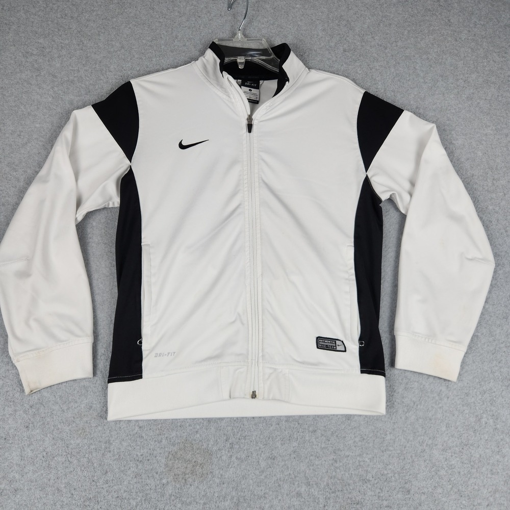 Nike Track Jacket Kids Large White Black Dri-FIT Running Athletic Fit Full Zip
